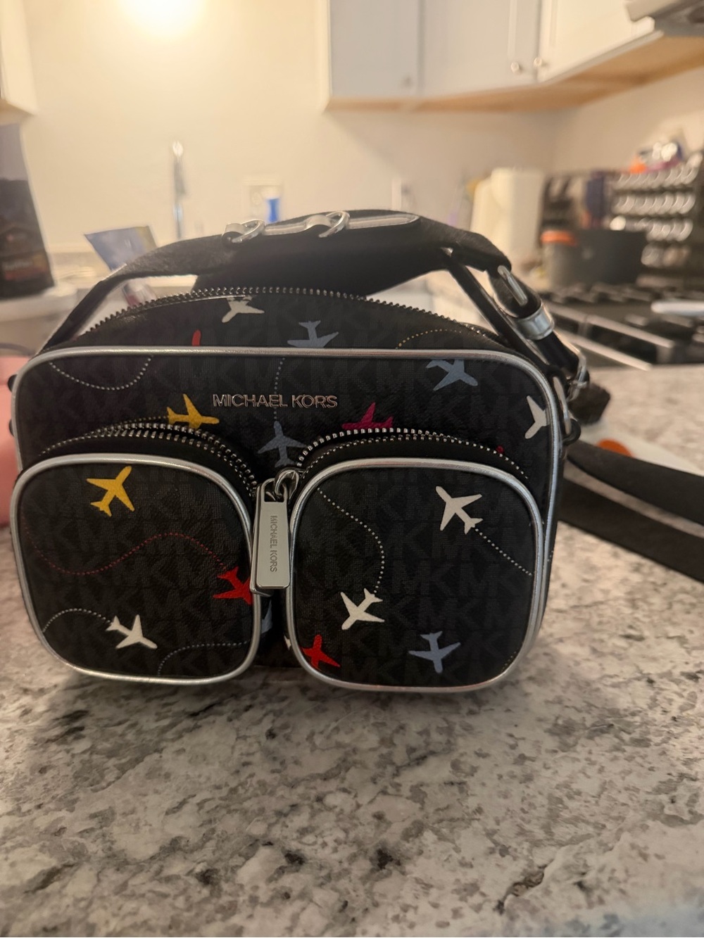 Michael Kors Black Jet-Print Belt Bag with Multicolor Planes